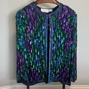Vintage Silk Laurence Kazar Women's Sequin Cocktail Jacket - Green and Purple 1X